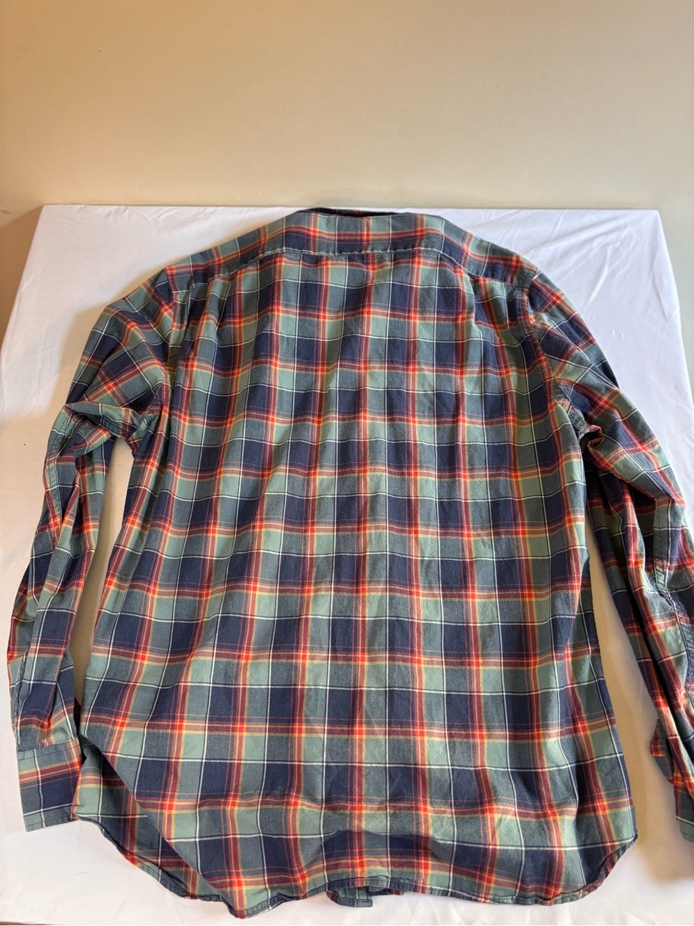 J. Crew Men's Green and Navy Plaid Button-Down Shirt with Red Accents